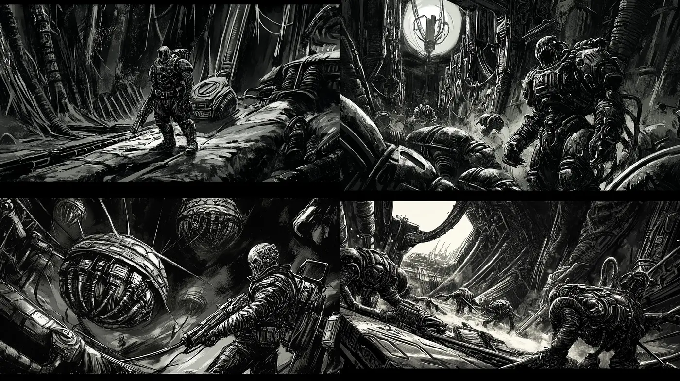 Monochromatic Mechanized Dystopia: Echoes of Futuristic Desolation - Midjourney sref style