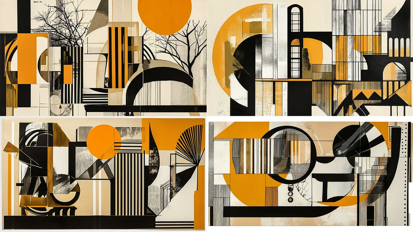 Geometric Harmony in Amber and Onyx: A Study in Abstract Consistency - Midjourney sref style