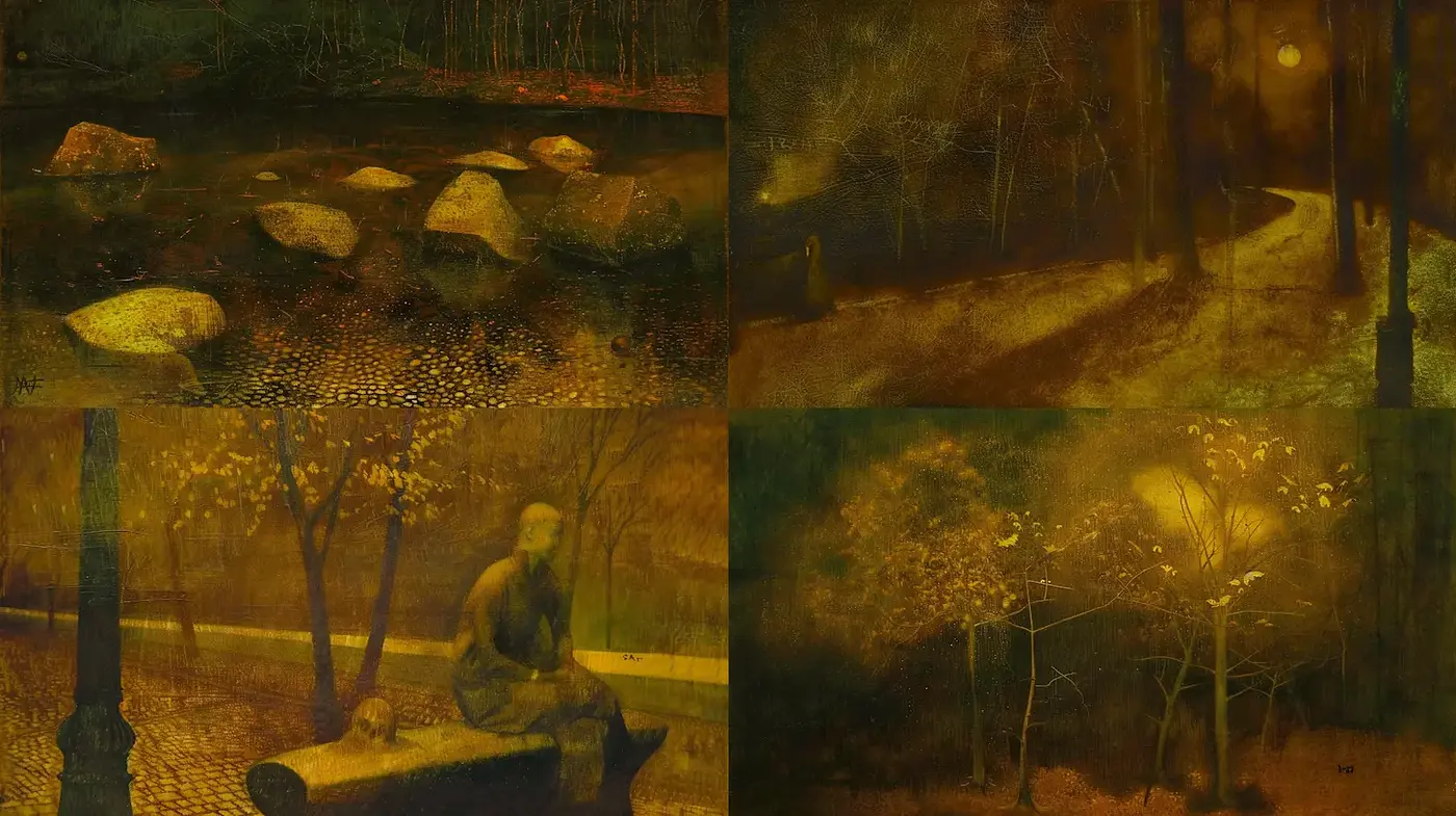 Atmospheric Art with a Mysterious and Serene Quality - Midjourney sref style