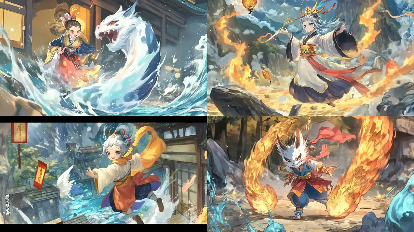 Dynamic Elemental Tableau with Mythical East Asian Influence - Midjourney sref style