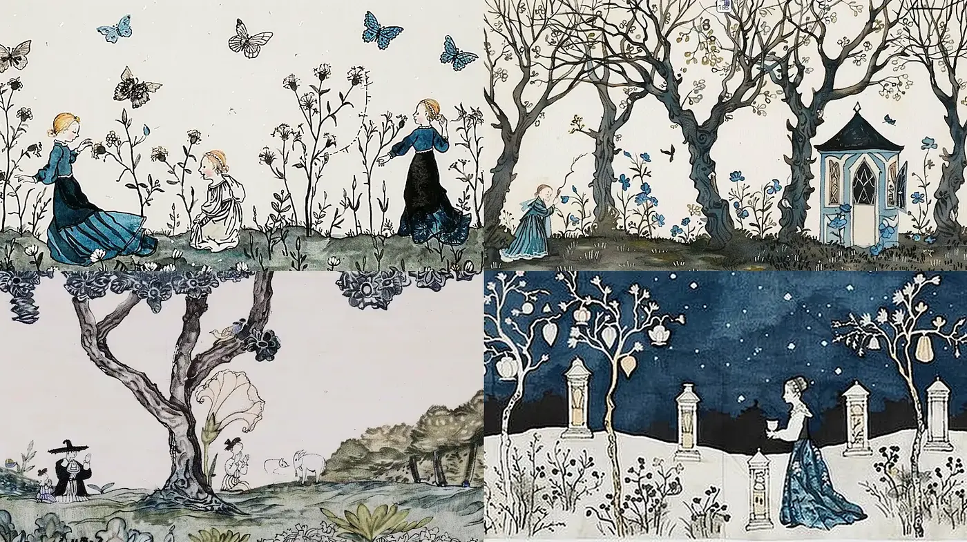 Whimsical Illustrative Nature with Ethereal Touches - Midjourney sref style