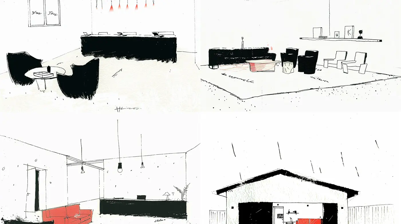 Stark Contrast and Simplified Elegance: A Study in Minimalist Monochrome with Pops of Red - Midjourney sref style