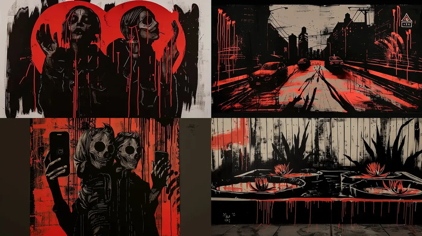Dark Urban Expressionism with a Disturbing Edge - Midjourney sref style