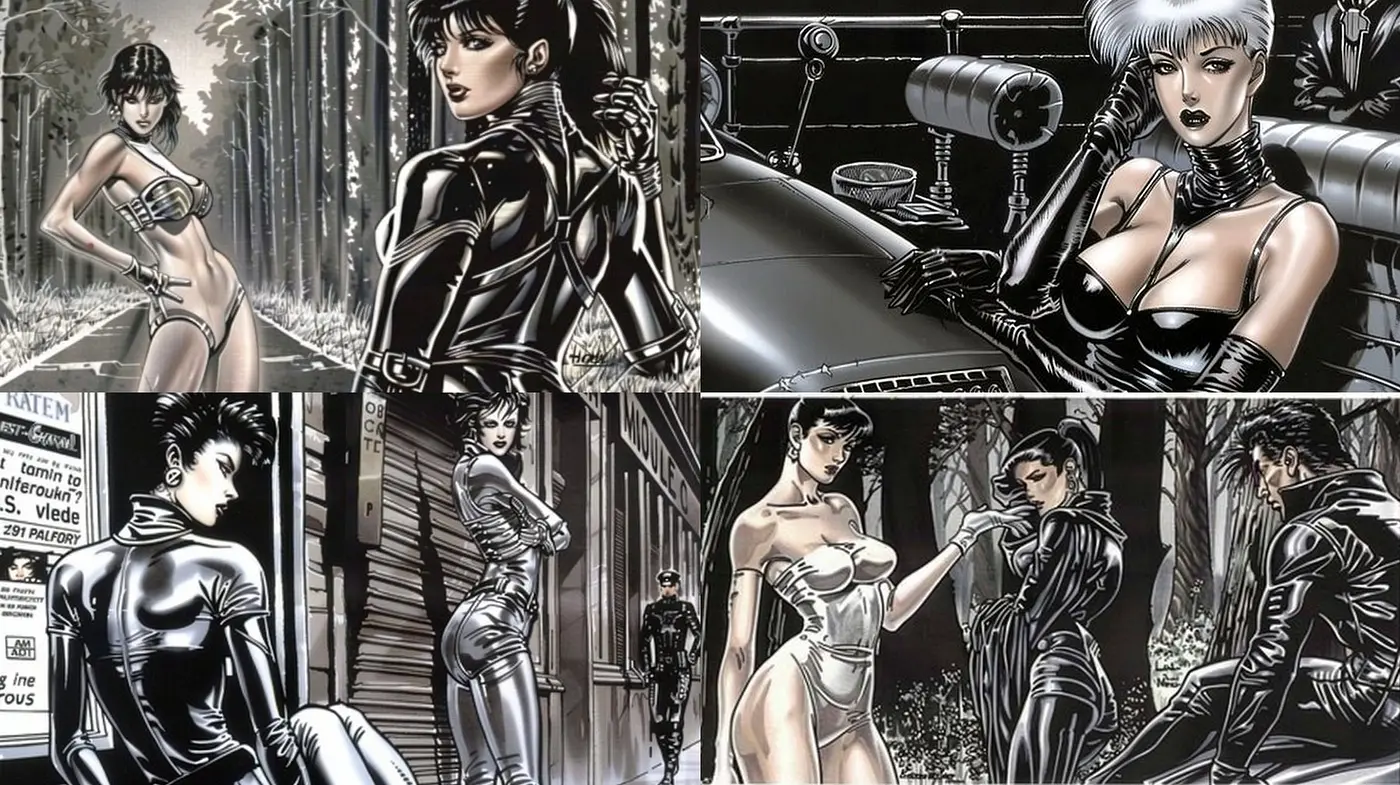 Noir-Inspired Monochrome Comic Art with a Touch of Futurism - Midjourney sref style