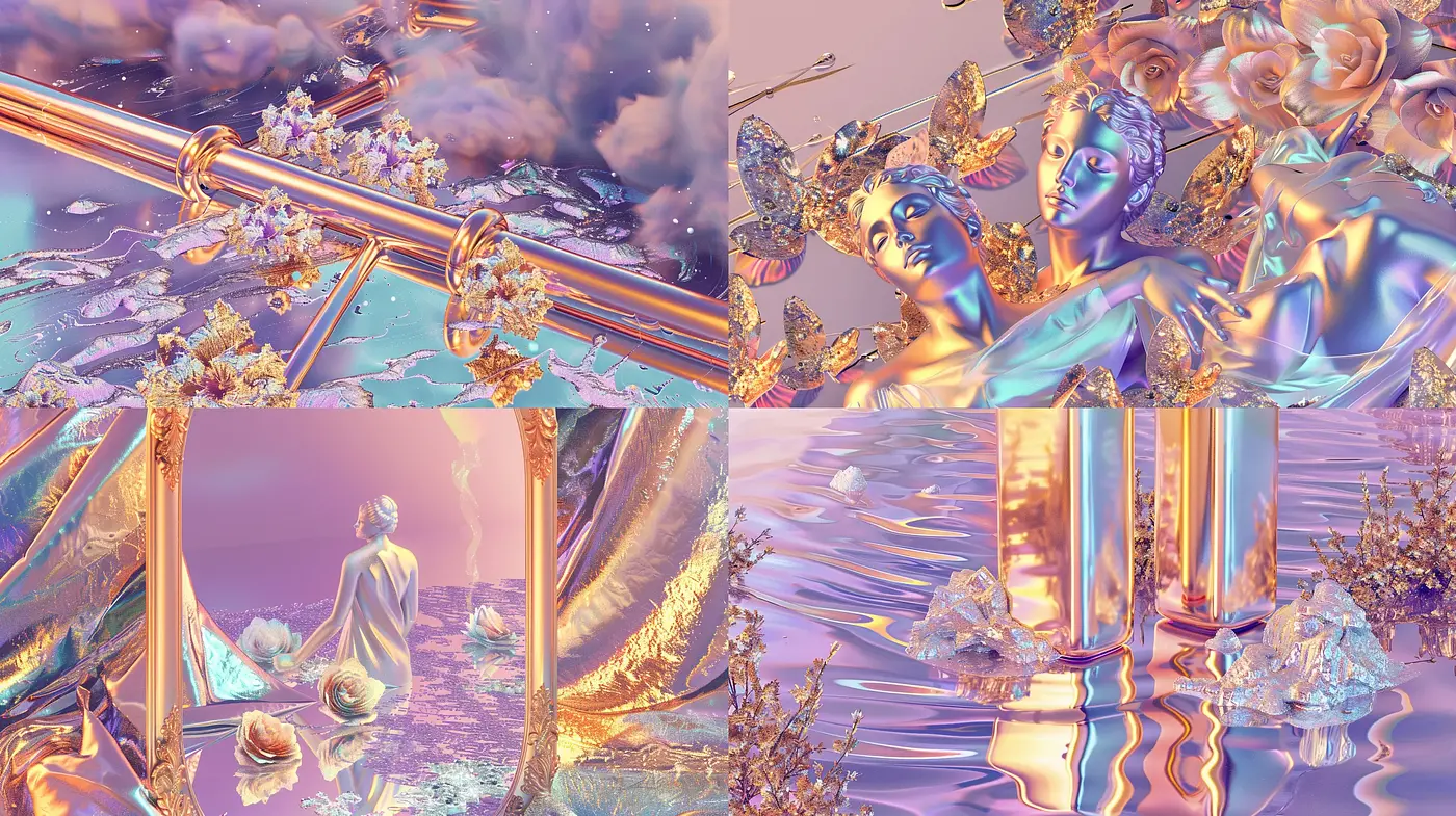 Ethereal Metallic Opulence: A Symphony of Shimmering Pastels and Surreal Elegance - Midjourney sref style