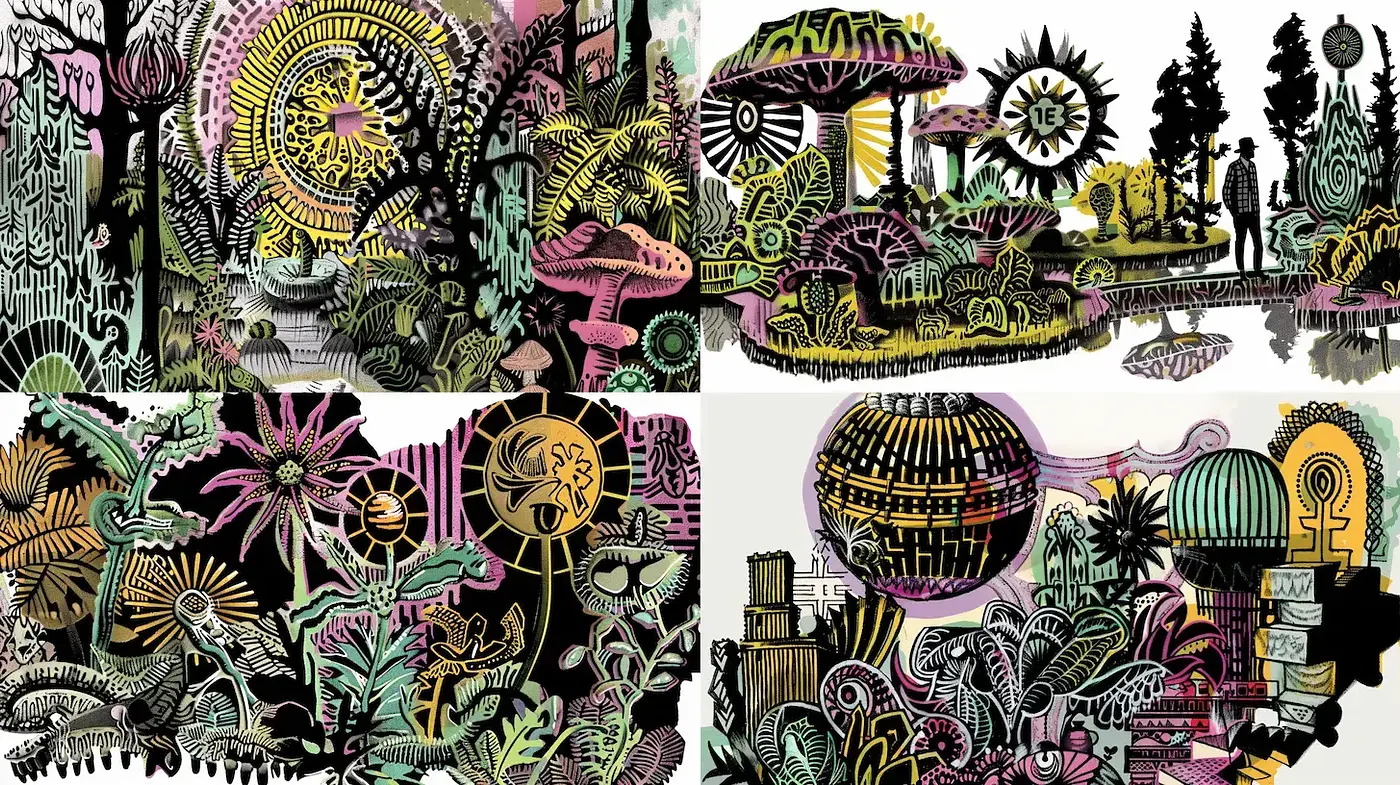 Whimsical and Surreal Illustrative Landscapes with a Psychedelic Twist - Midjourney sref style