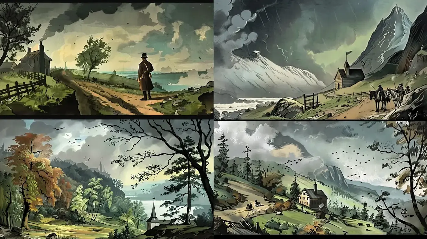 Dramatic Natural Landscapes with Vintage Illustration Techniques - Midjourney sref style
