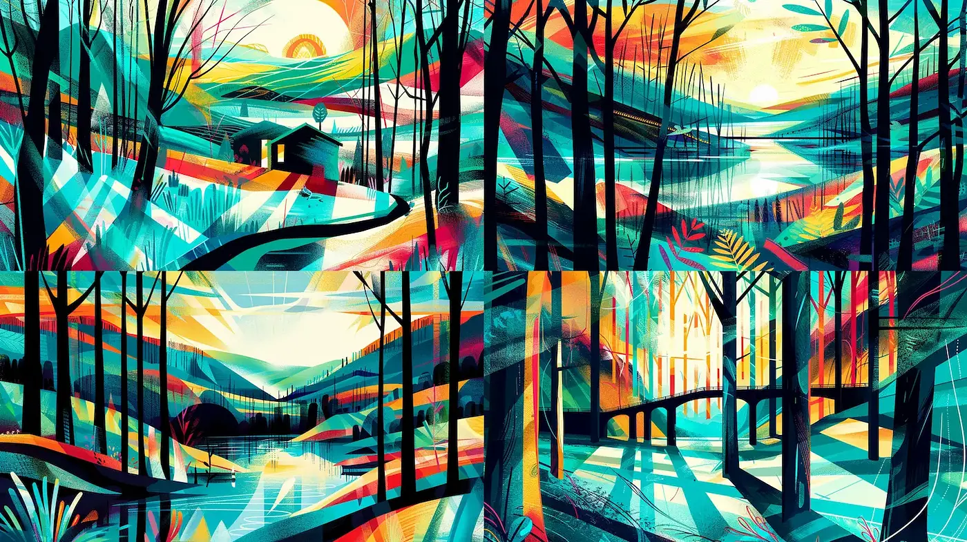 Vibrant Geometric Landscape Art with Abstract Influences - Midjourney sref style