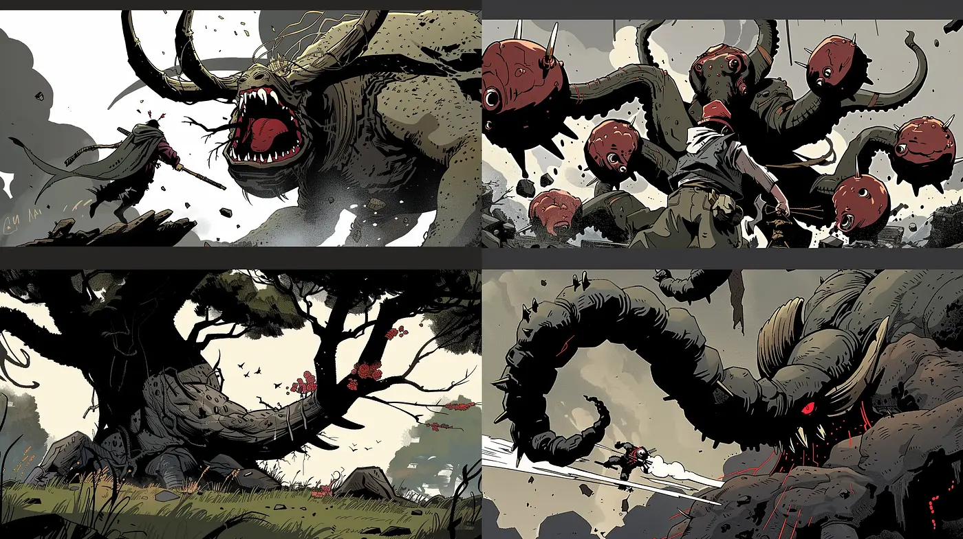 Epic Symbiosis of Graphic Novel Artistry and Cinematic Storytelling - Midjourney sref style
