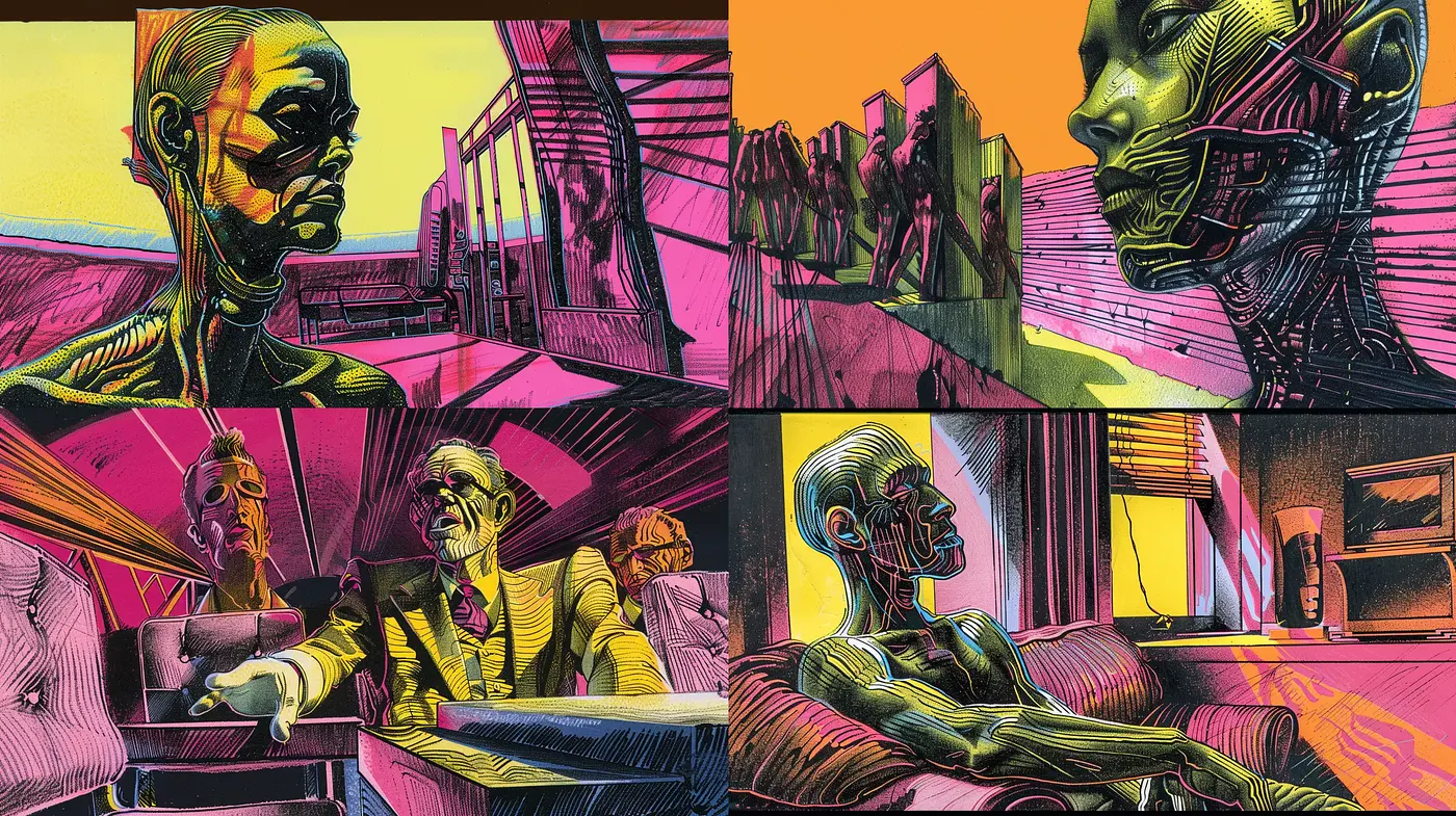 Neon Noir Graphic Novel Visuals with Stylized Shadows - Midjourney sref style