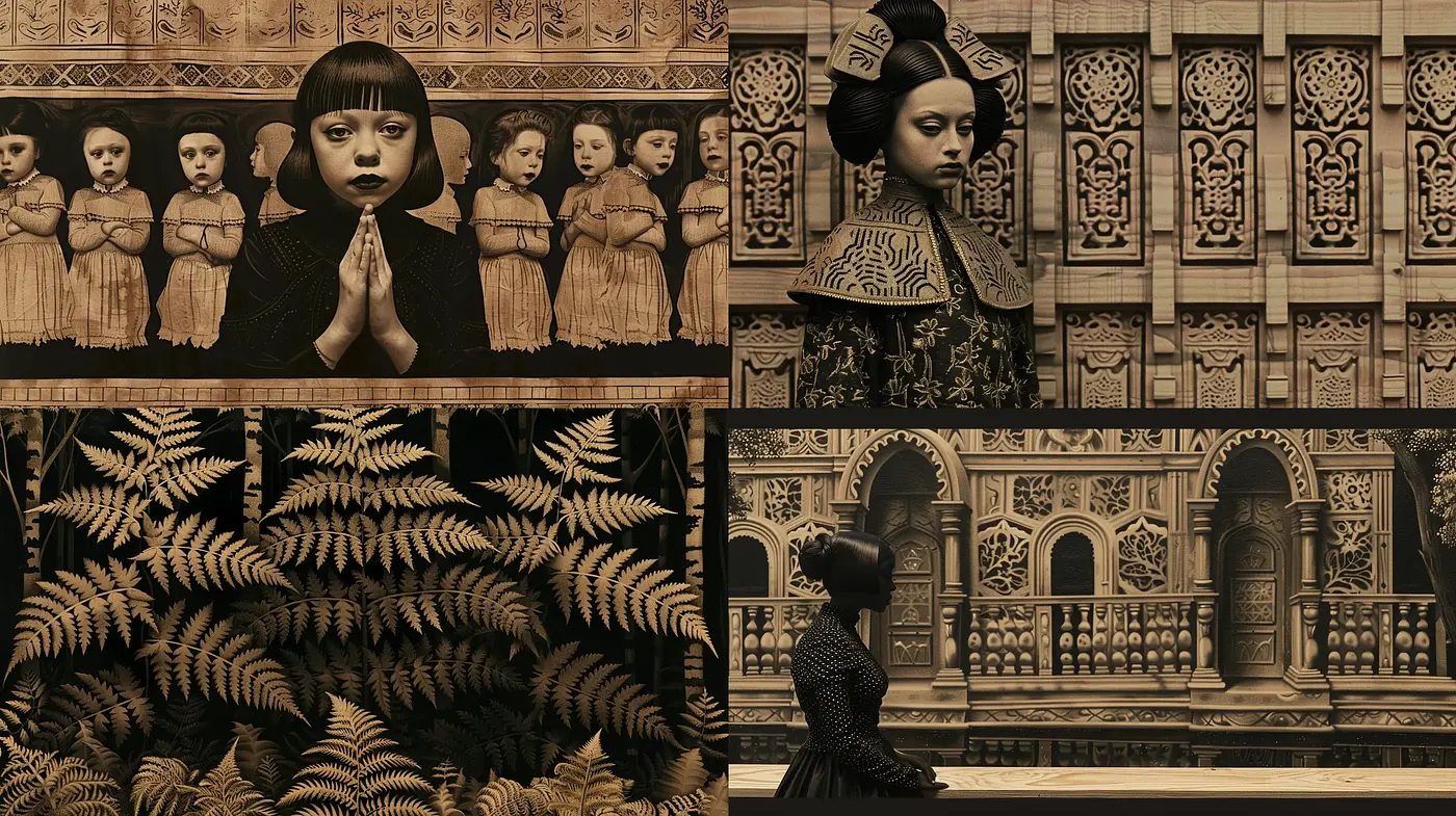 Sepia-toned Surreal Visions with Baroque Undercurrents - Midjourney sref style