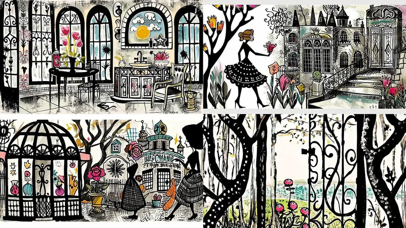 Whimsical Inkwork Dreamscape with Stylized Nature and Architecture - Midjourney sref style