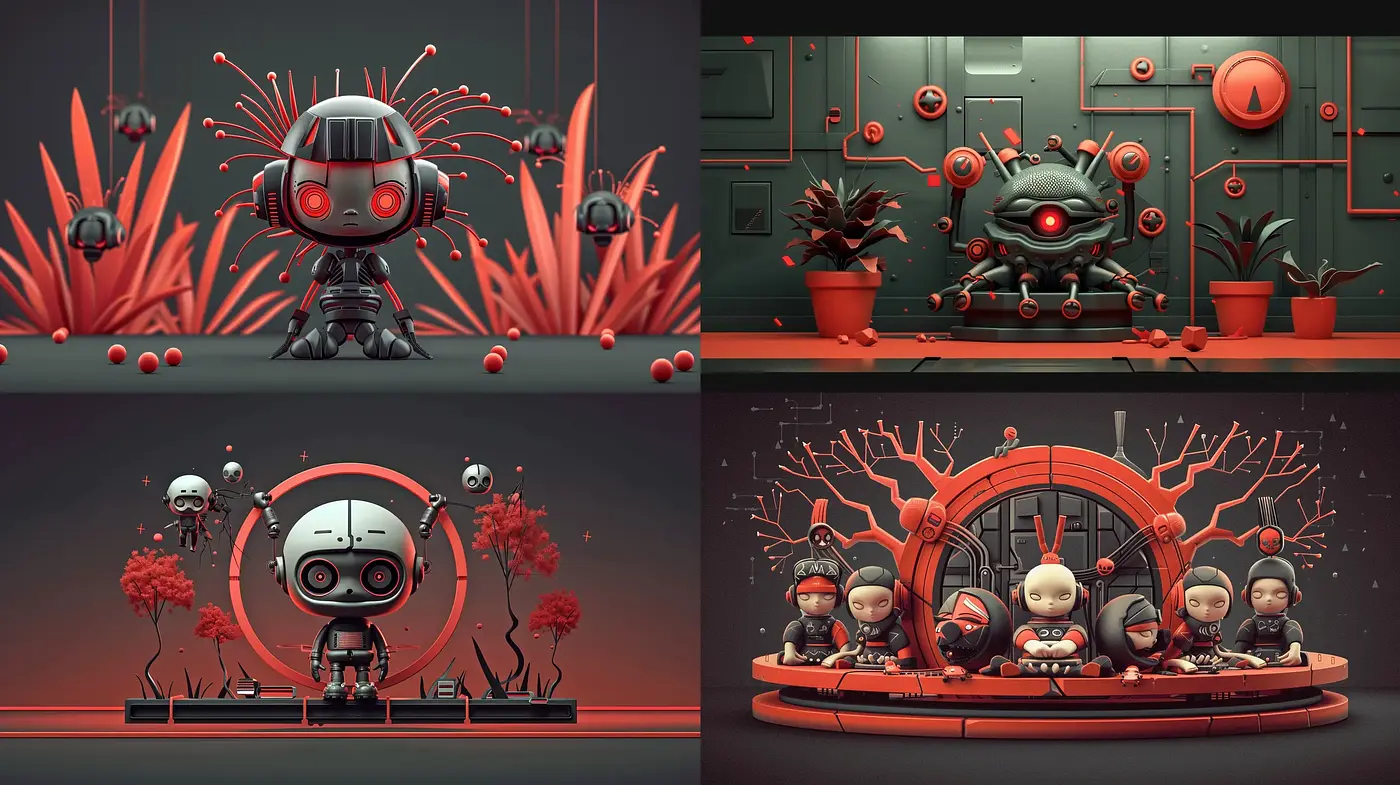 Futuristic Red Monotone Robotics Tableau - Midjourney sref style