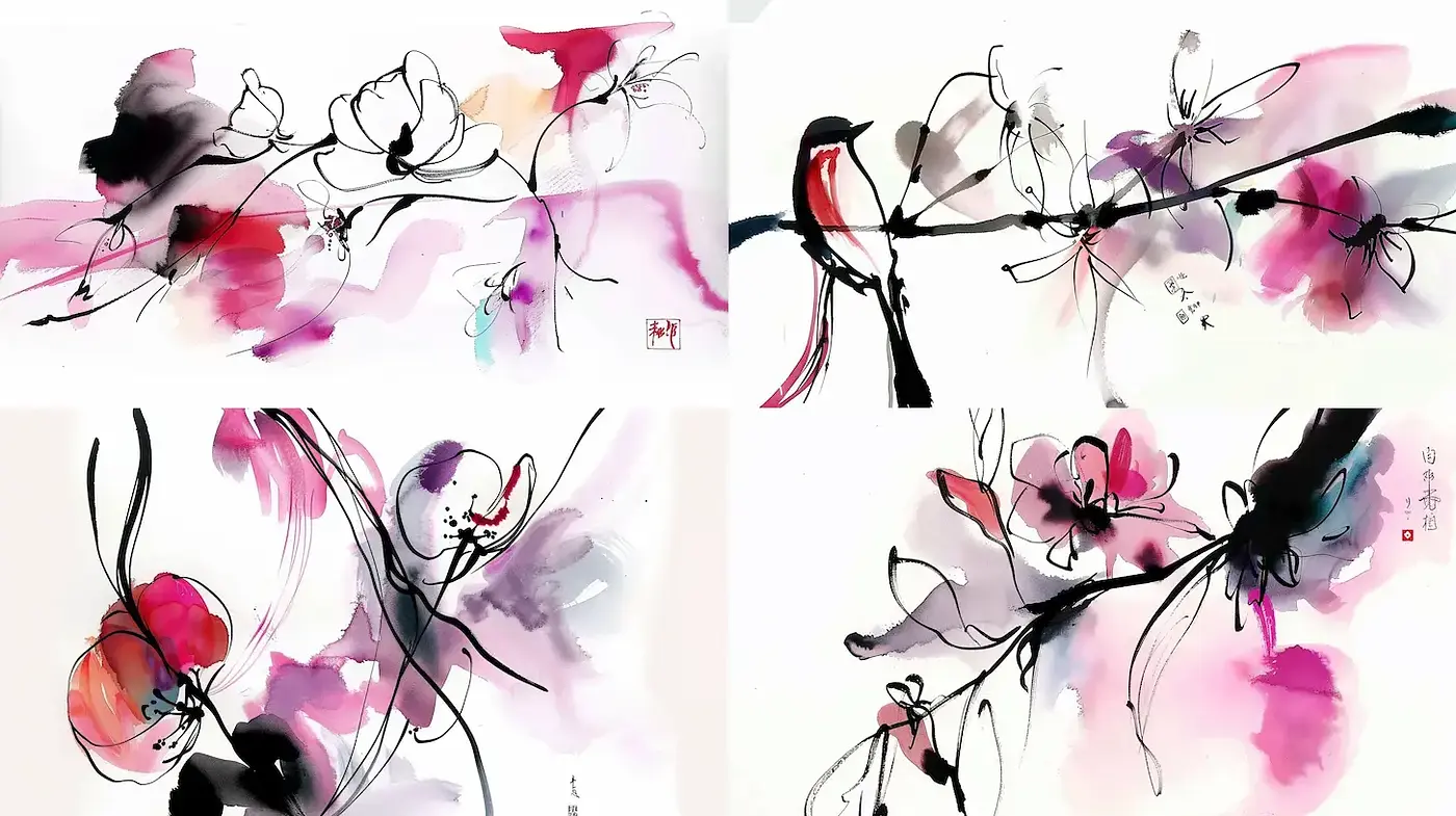 Elegant and fluid watercolor representation of nature with a touch of Asian aesthetics - Midjourney sref style