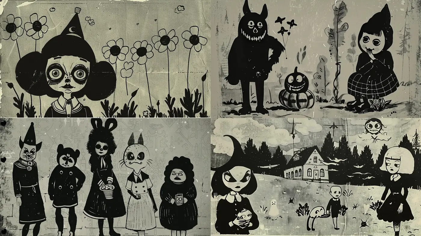 Monochromatic Whimsy: A Nostalgic Dive into Dark Cartoon Imagery - Midjourney sref style
