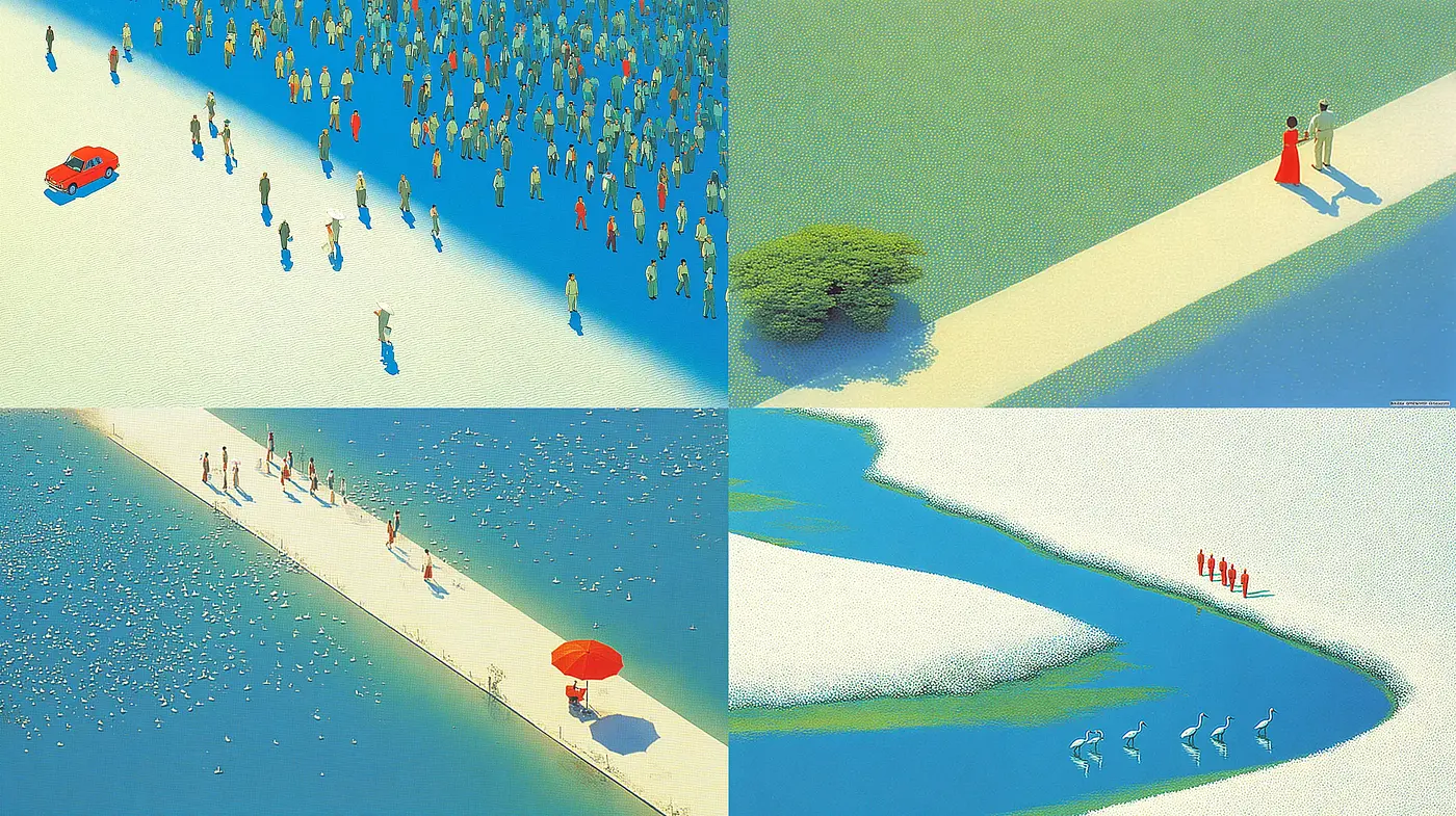 Surrealistic and Playful Aerial Landscapes with a Sense of Isolation - Midjourney sref style