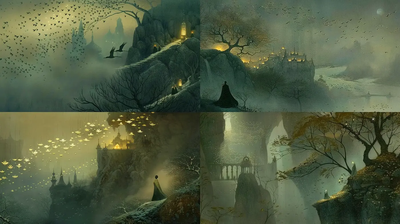 Ethereal Twilight Castles: A Mysterious and Enchanted Landscape Series - Midjourney sref style