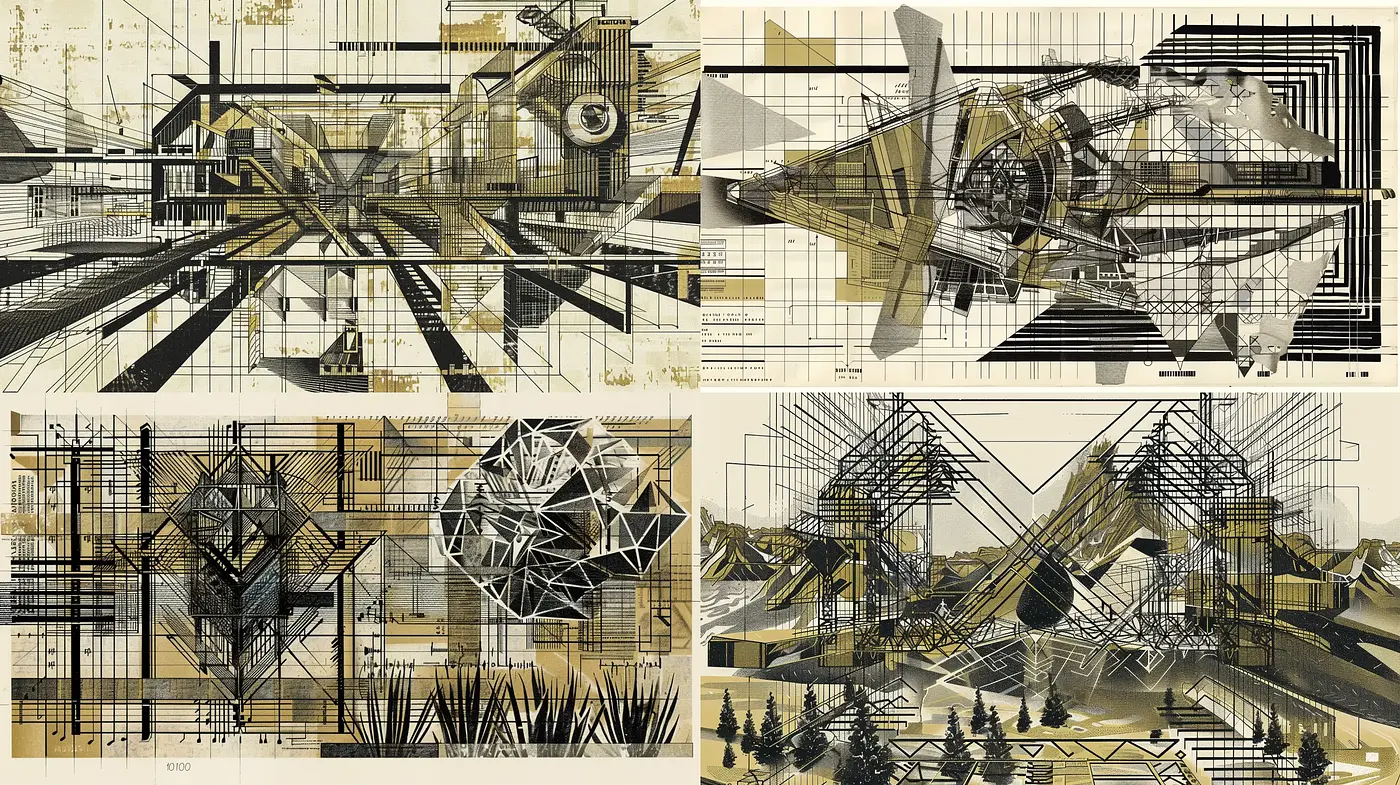 Abstract Architectural Synthesis with Graphic Overlays - Midjourney sref style