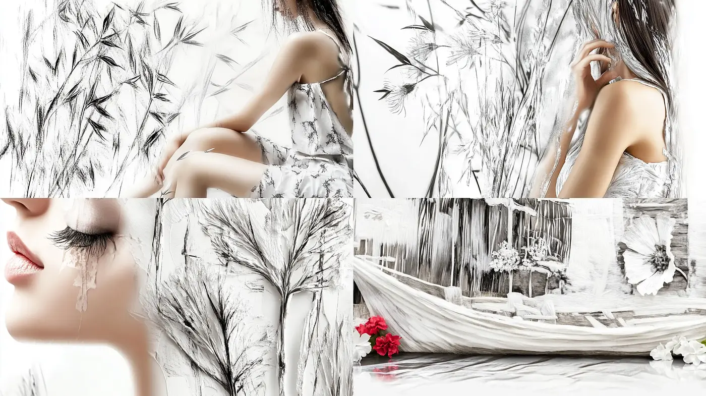 Monochromatic Elegance with Surreal Organic Blends - Midjourney sref style