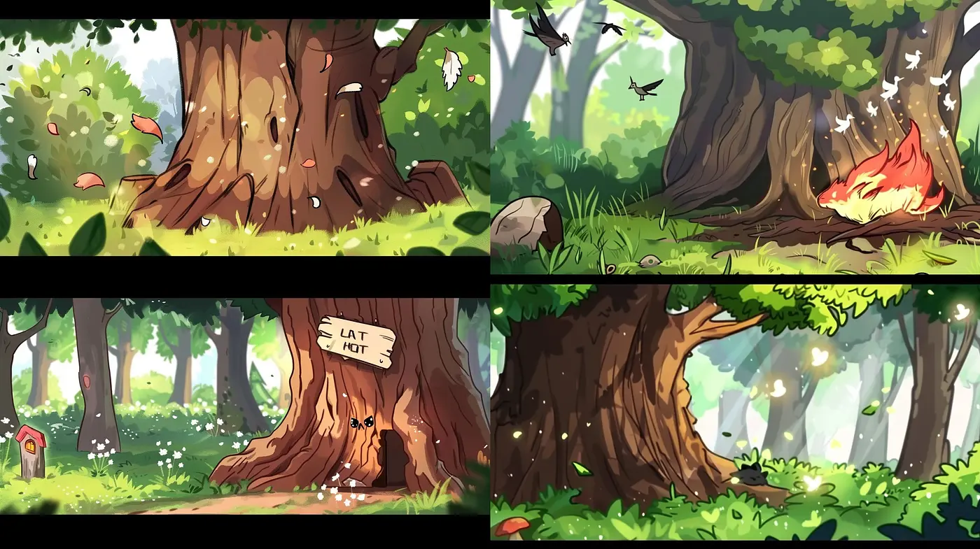 Whimsical Forest Homogeny: Consistent Arboreal Aesthetic through Diverse Vignettes - Midjourney sref style
