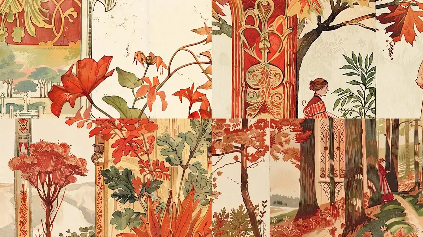 Art Nouveau Inspired Nature Scenes with Rich Textures - Midjourney sref style