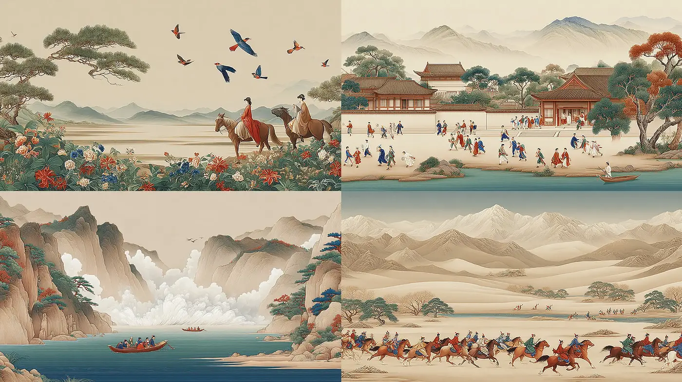 Harmonious Fusion of Traditional Landscape Elements and Cultural Scenes - Midjourney sref style
