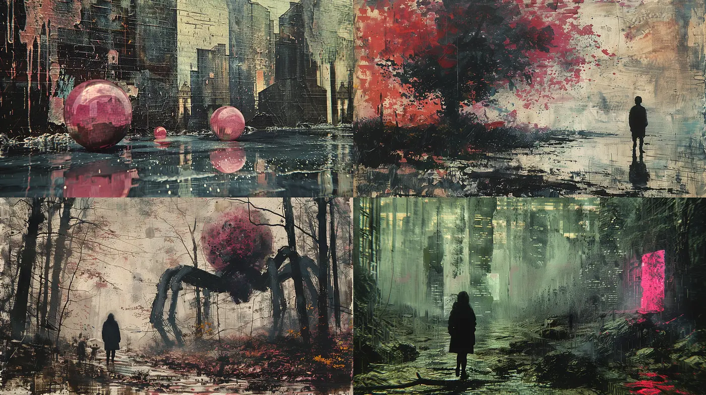 Ethereal Dystopia: A Fusion of Surrealism and Post-Apocalyptic Textures in a Muted Palette - Midjourney sref style