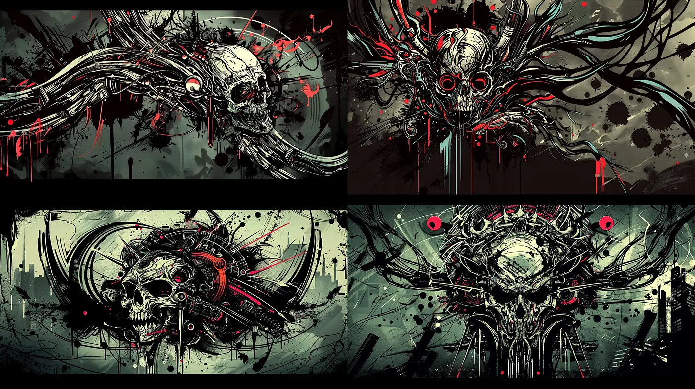 Gritty Dystopian Cyberpunk Aesthetic with Abstract Mechanical Skulls - Midjourney sref style