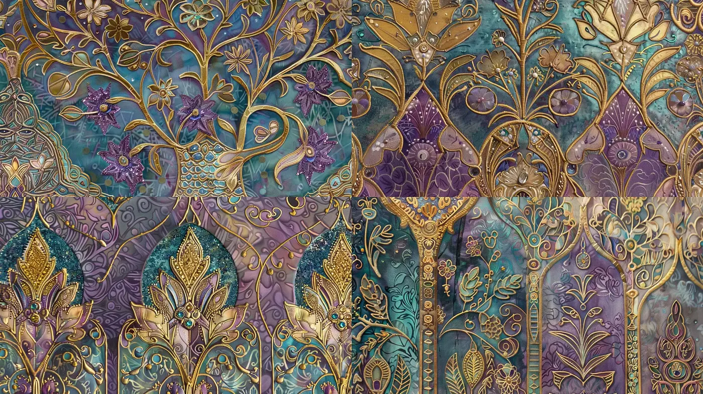 Enchanting Tapestry of Lush Patterns and Metallic Tones - Midjourney sref style