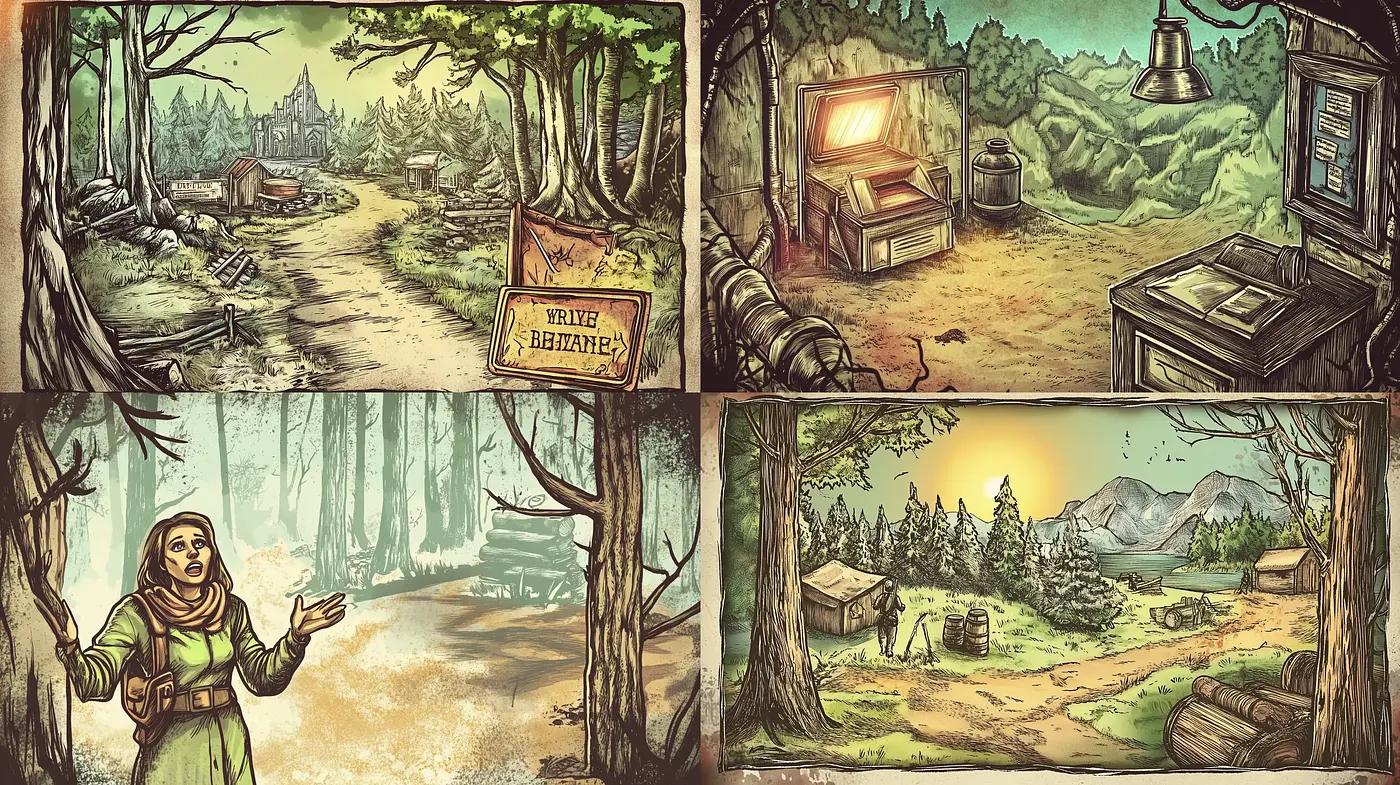 Rustic Wilderness Enchantment: A Consistent Harmony of Comic Artistry and Pastoral Warmth - Midjourney sref style