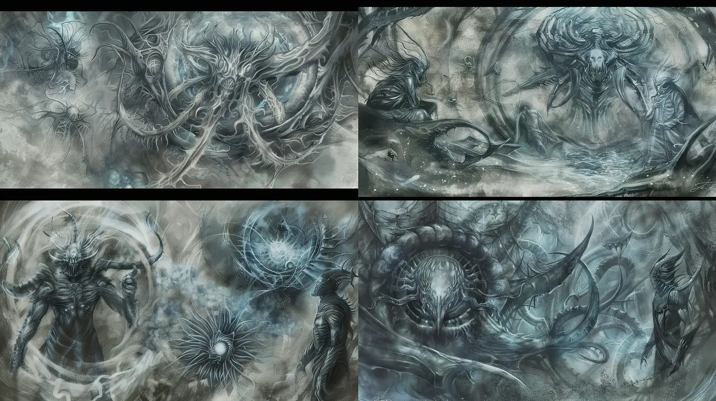 Ethereal Monochromatic Fantasy of Swirling Chaos and Tranquility - Midjourney sref style