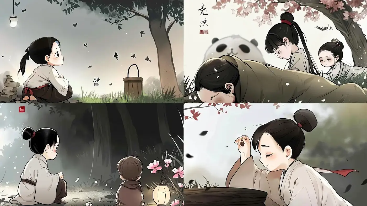 Whimsical and serene narrative illustrations influenced by traditional Eastern aesthetics - Midjourney sref style