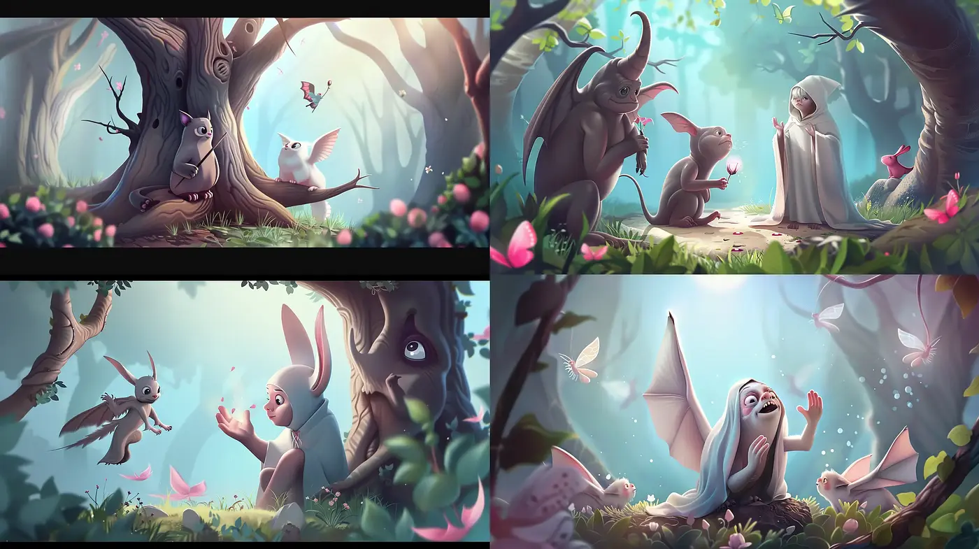 Enchanted Whimsical Forest: A Harmonious Blend of Magical Creatures and Dreamy Landscapes - Midjourney sref style