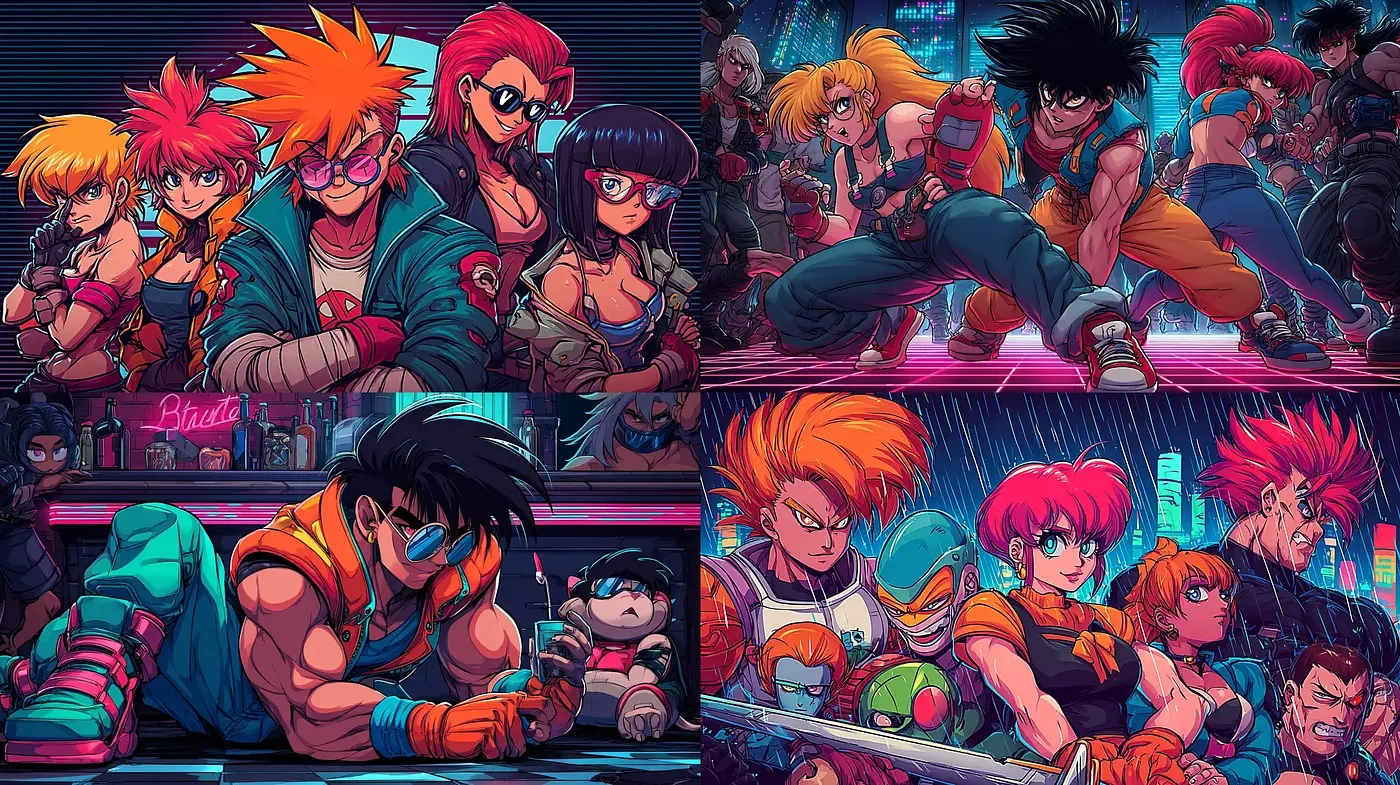 Dynamic Neon Cyberpunk Illustrations with Retro Influences - Midjourney sref style