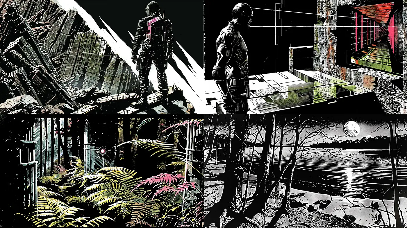 Stark Contrast and Textured Brushwork in a Futuristic Dystopian Vision - Midjourney sref style