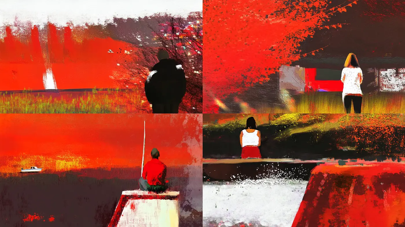 Fiery Textured Horizon: A Poignant Tapestry of Crimson and Charcoal - Midjourney sref style