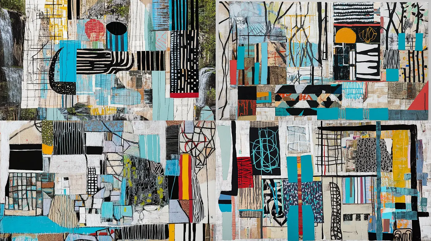 Abstracted Urban Collage in Monochromatic Hues with Geometric Accents - Midjourney sref style