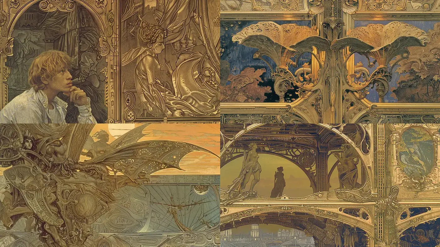 Intricate Art Nouveau Inspired Aesthetic with Vintage Undertones - Midjourney sref style