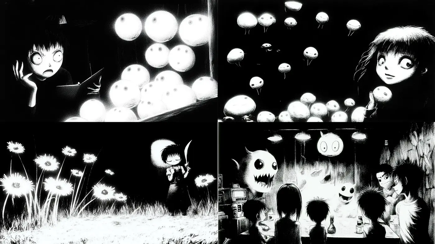 Monochromatic Whimsy: A Noir Fantasy with Enigmatic Characters - Midjourney sref style