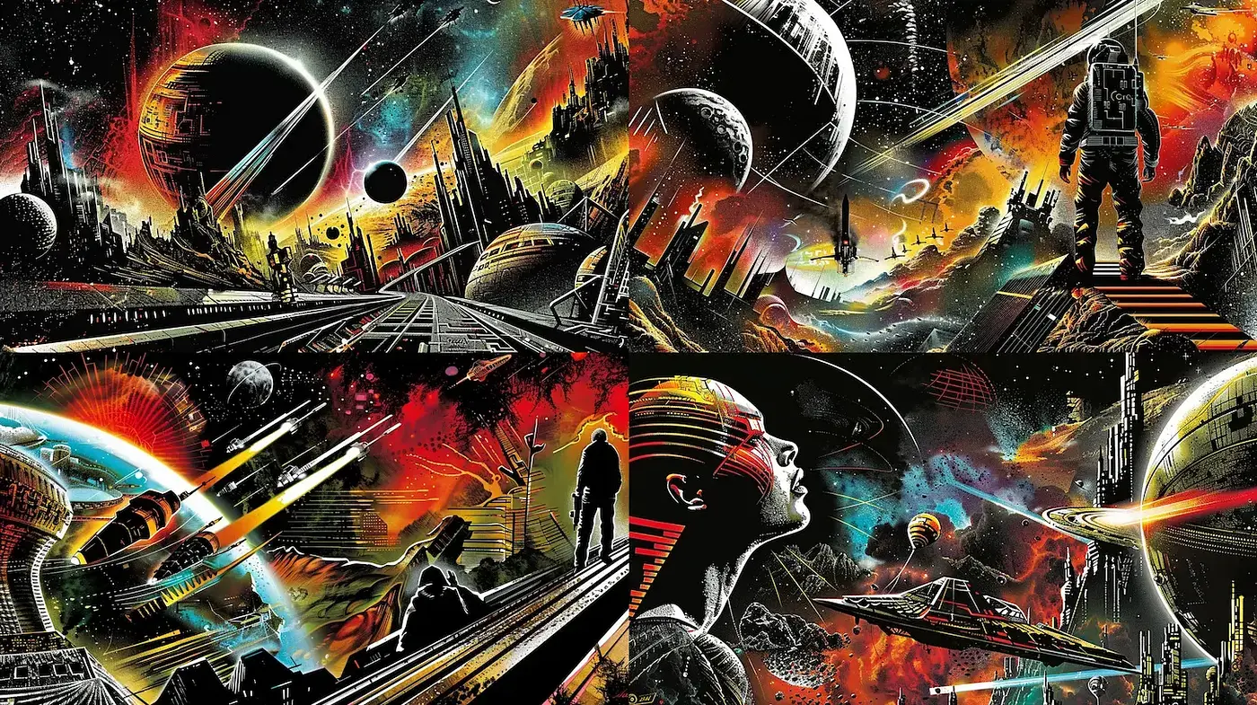 Vibrant Sci-Fi Aesthetic with Cosmic Elements and Retro Influences - Midjourney sref style