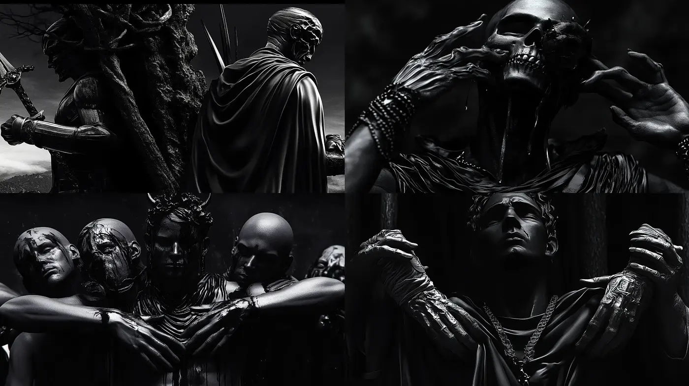 Monochromatic Elegy of Surrealist Sculptures - Midjourney sref style