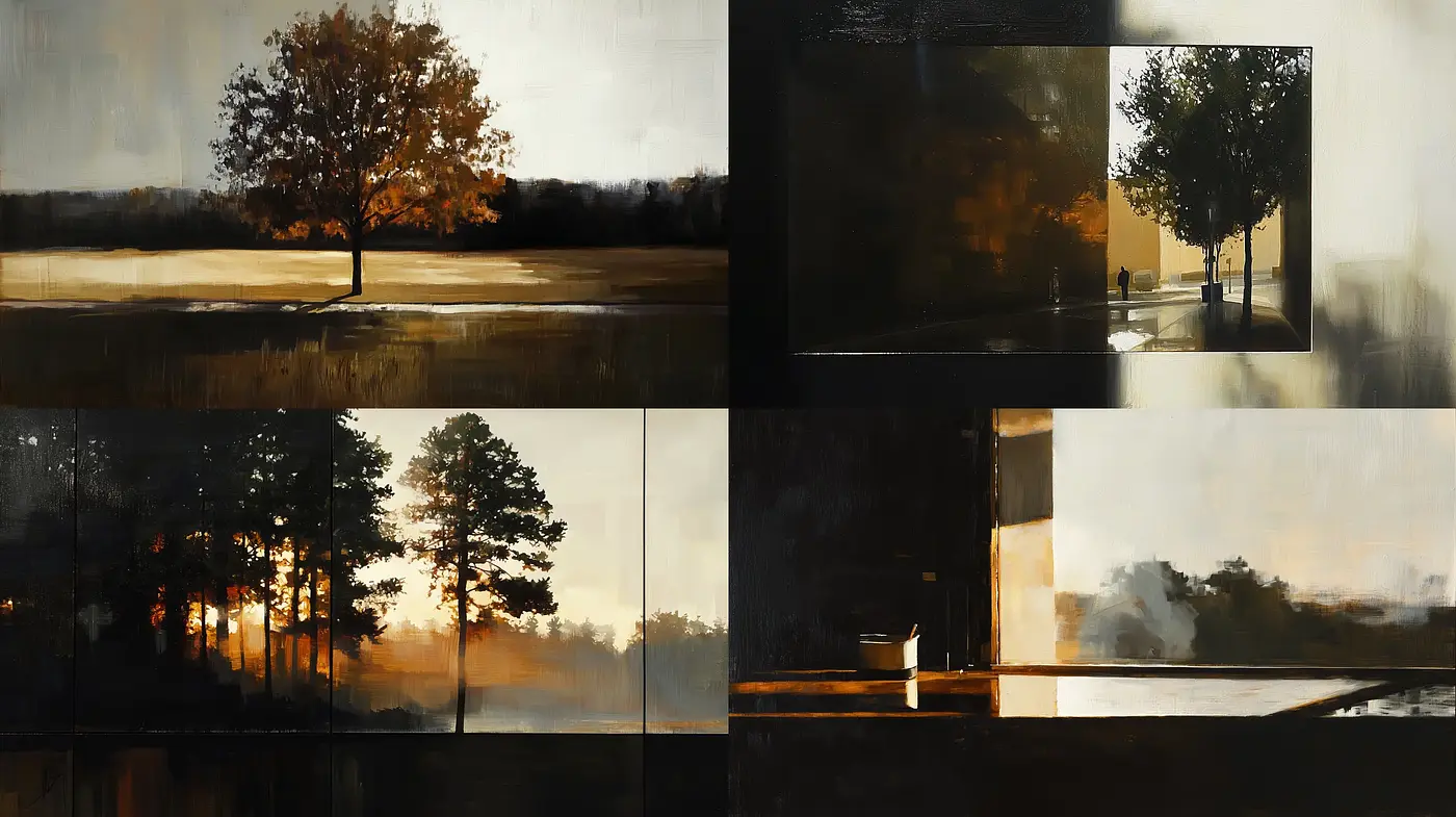 Dusky Silhouettes and Glimmering Horizons: A Consistent Artistic Venture into Twilight Ambiance - Midjourney sref style