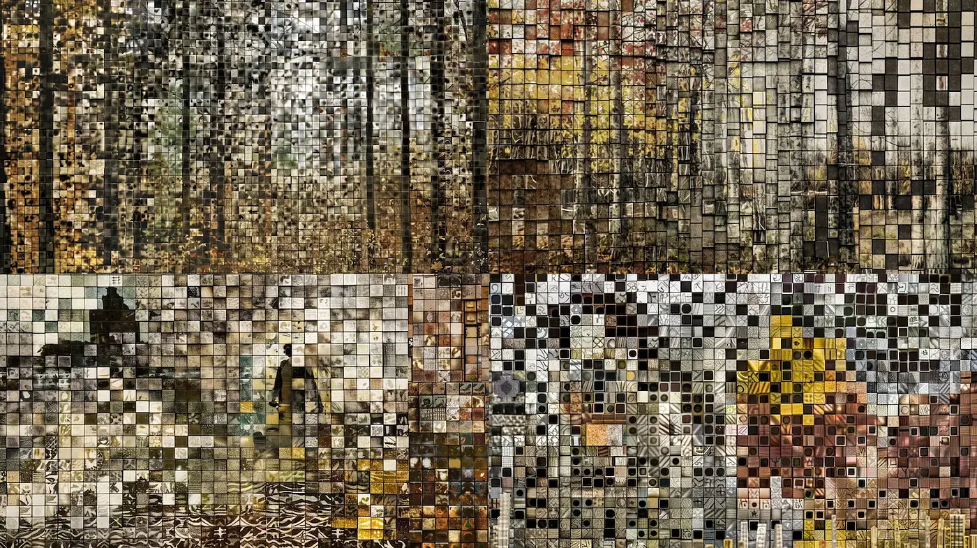 Exploration of Textural Collage within a Natural Setting - Midjourney sref style