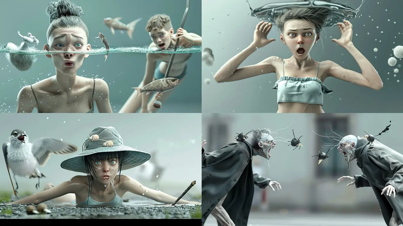 Surreal Aquatic Atmosphere with Hyper-Realistic Human Characters - Midjourney sref style