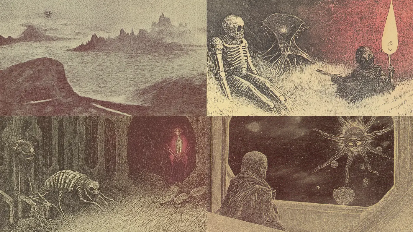 Eerie Remnants of a Faded Epoch: An Homage to Antique Etched Mysteries - Midjourney sref style