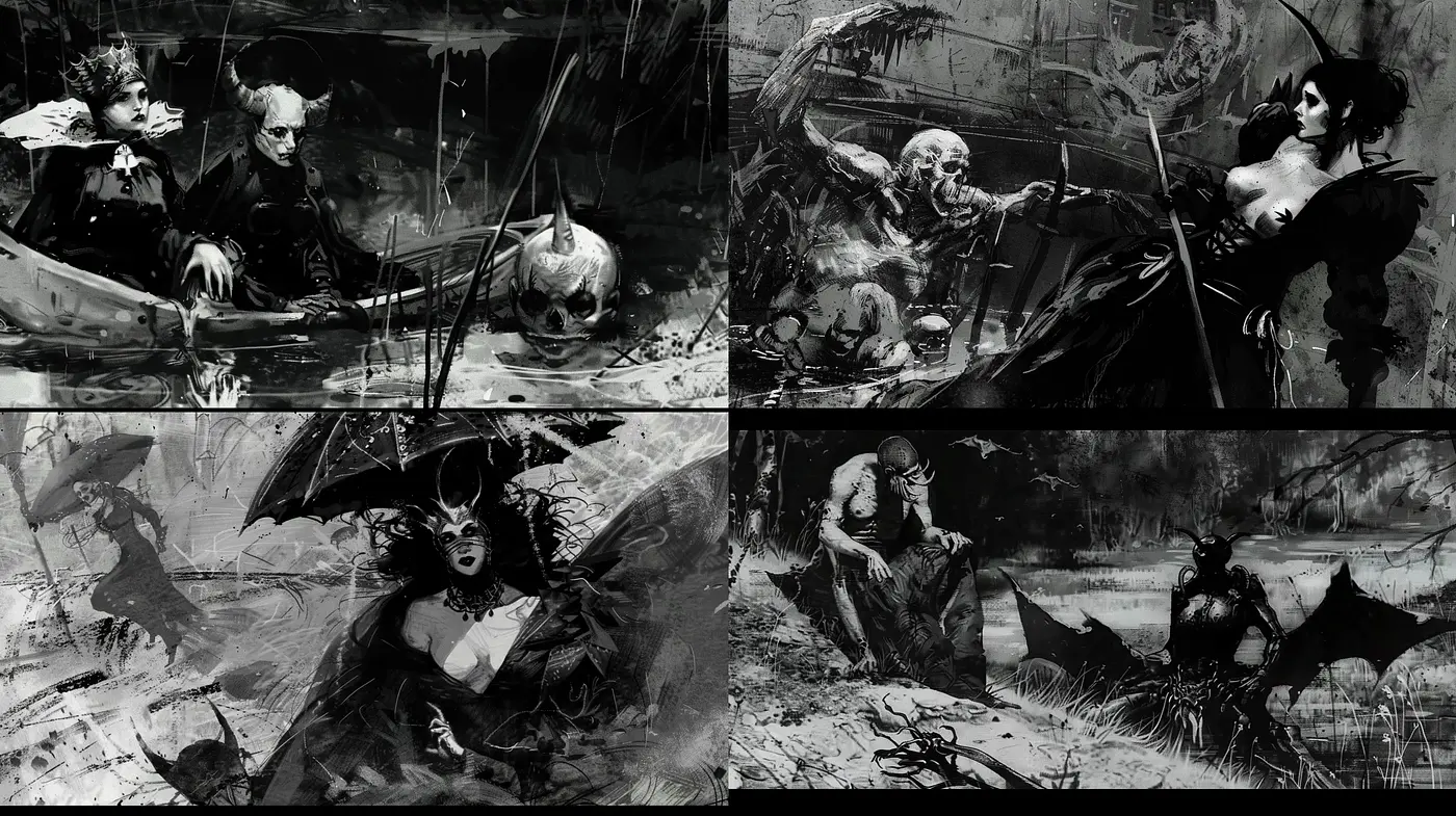 Gothic Monochrome Dreamscape: A Homage to Dark Fantasy and Elegance - Midjourney sref style