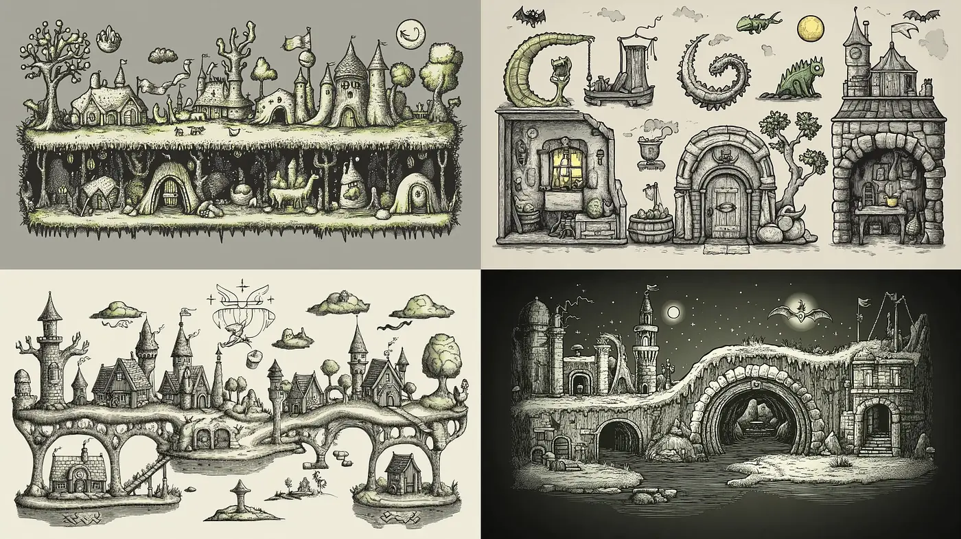 Whimsical Monochrome Fantasy Scenes with an Inked Illustration Essence - Midjourney sref style