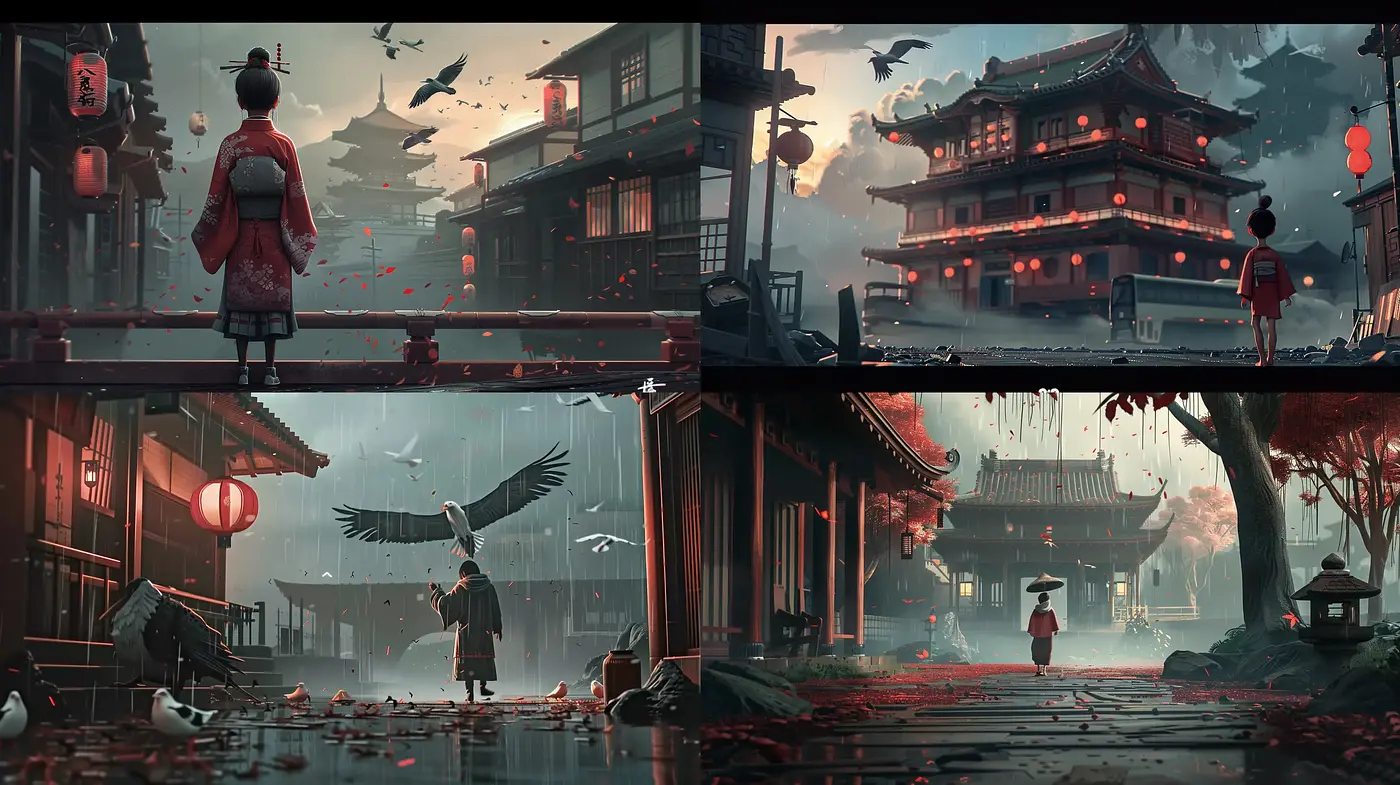 Ethereal Twilight Ambience in Stylized East Asian Streetscapes - Midjourney sref style