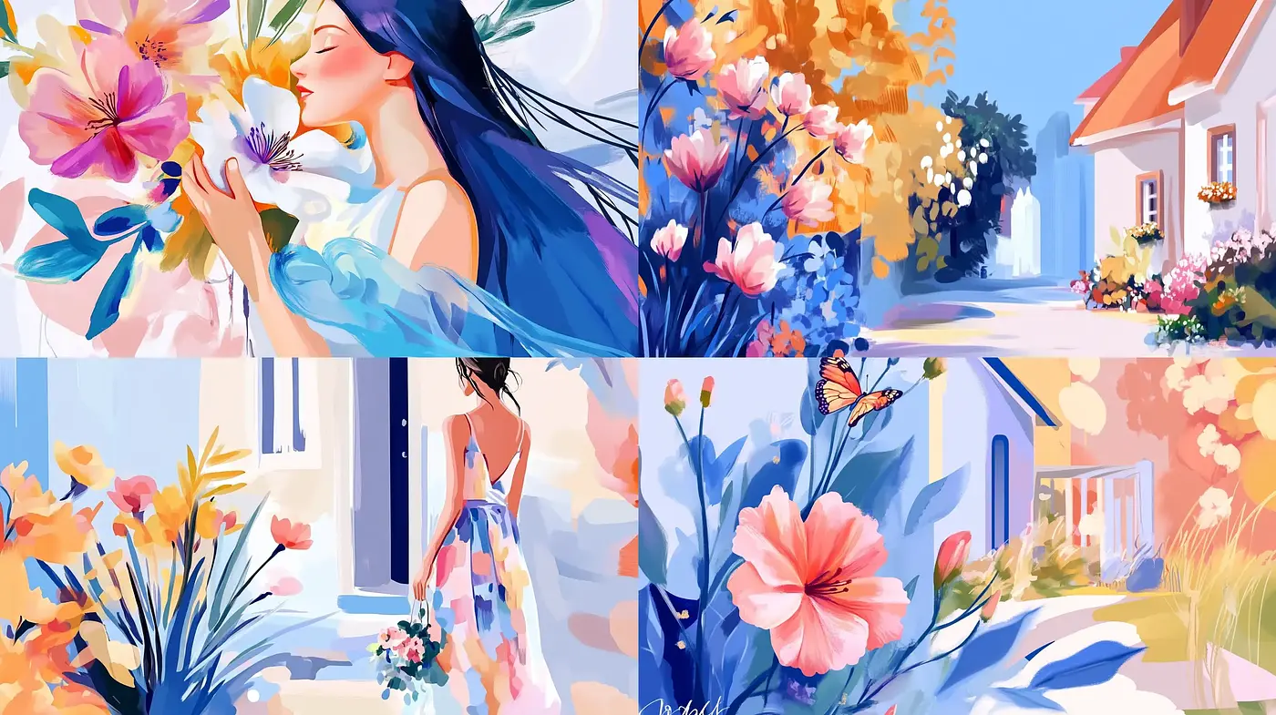 Idyllic Blossom Reverie: A Fusion of Vivid Florals and Serene Landscapes - Midjourney sref style