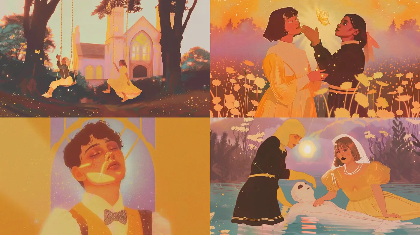 Warm Golden Hour Reverie: A Sun-Drenched Nostalgic Illustrative Series - Midjourney sref style